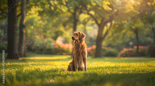 Golden Retriever in Sunlit Park, a Serene Moment Amidst Lush Greenery and Blooming Flowers