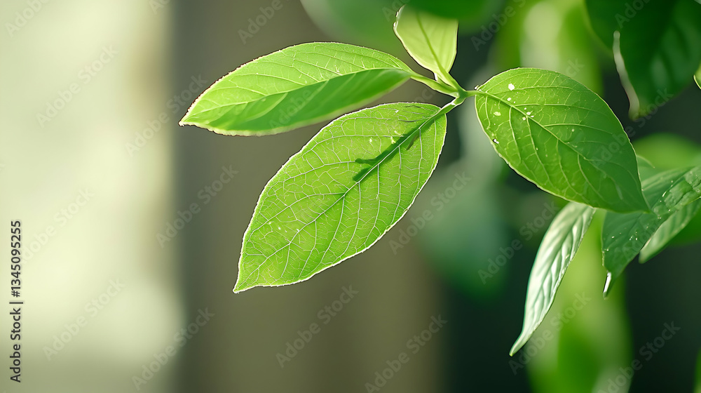 Close Up Of Fresh Green Leaves With Sunlight And Water Droplets Macro Photography Close Up Of Fresh Green Leaves With Sunlight And Water Droplets Macro Photography