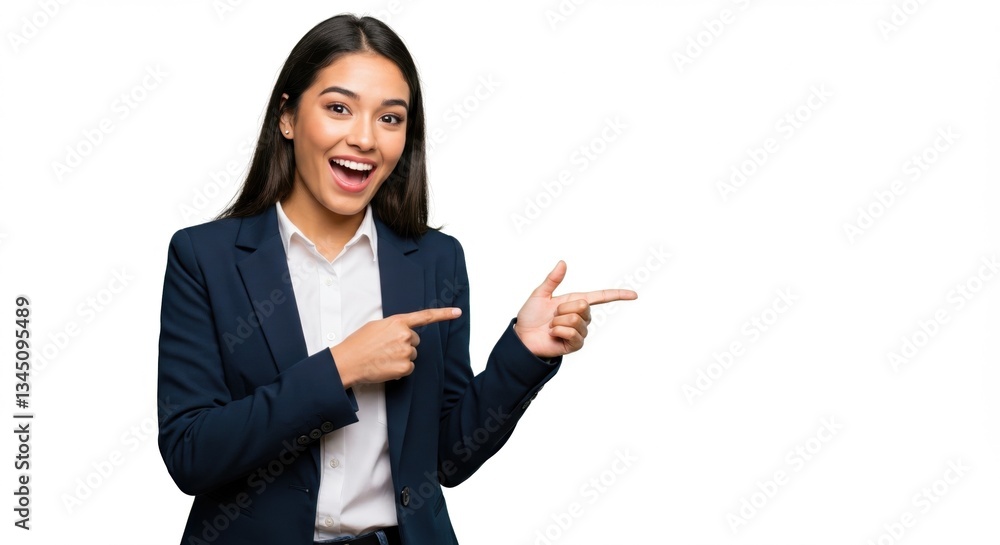 Excited Businesswoman Pointing in Professional Suit on White Background, Ideal for Marketing and Corporate Communication Excited Businesswoman Pointing in Professional Suit on White Background, Ideal for Marketing and Corporate Communication