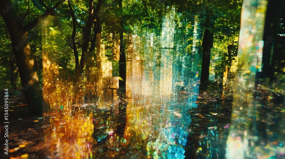 Fototapeta premium Enchanted Forest Reflection with Vibrant Light and Colorful Hues Amidst Tall Trees and Lush Greenery