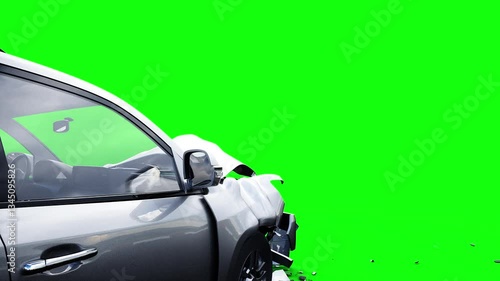 Generic 3d car crash test. Car destruction. Green screen isolate.