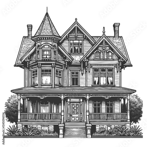 Victorian House with Porch and Gable Roof vector