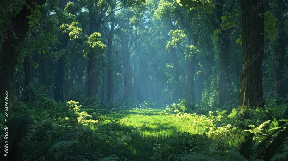 Fototapeta premium Lush Green Forest Landscape with Sunlight Filtering Through Trees and Ferns in a Tranquil Natural Setting