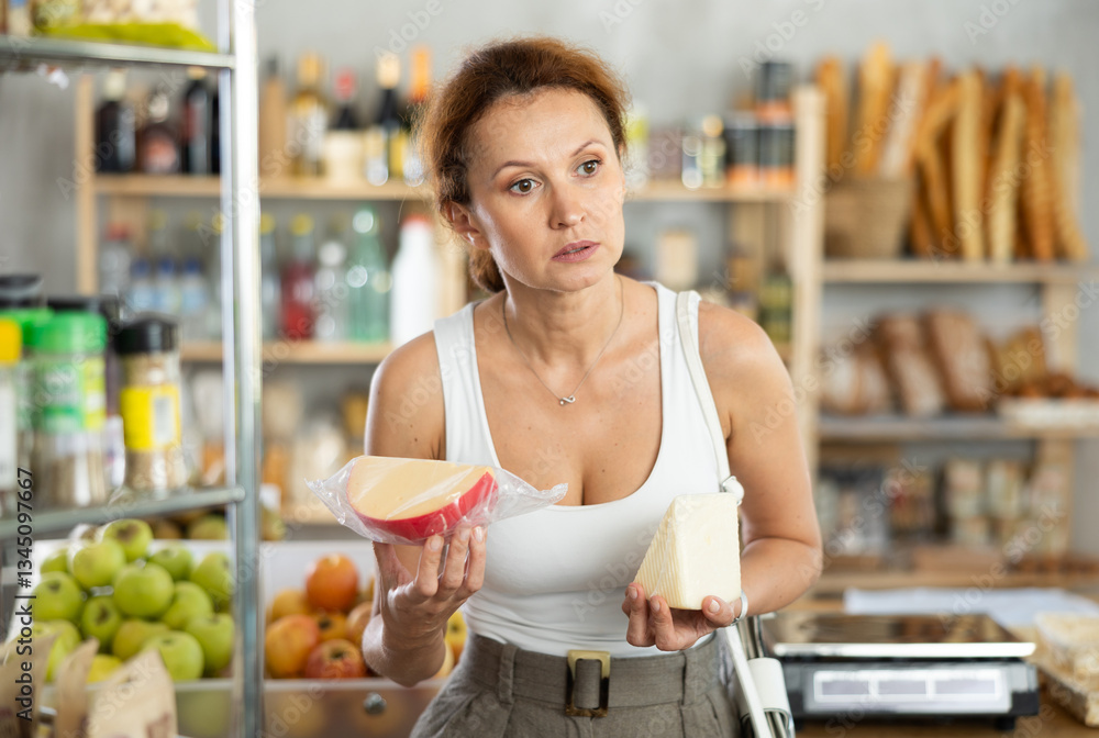 Adult woman buyer chooses packaged cheese in grocery store Adult woman buyer chooses packaged cheese in grocery store