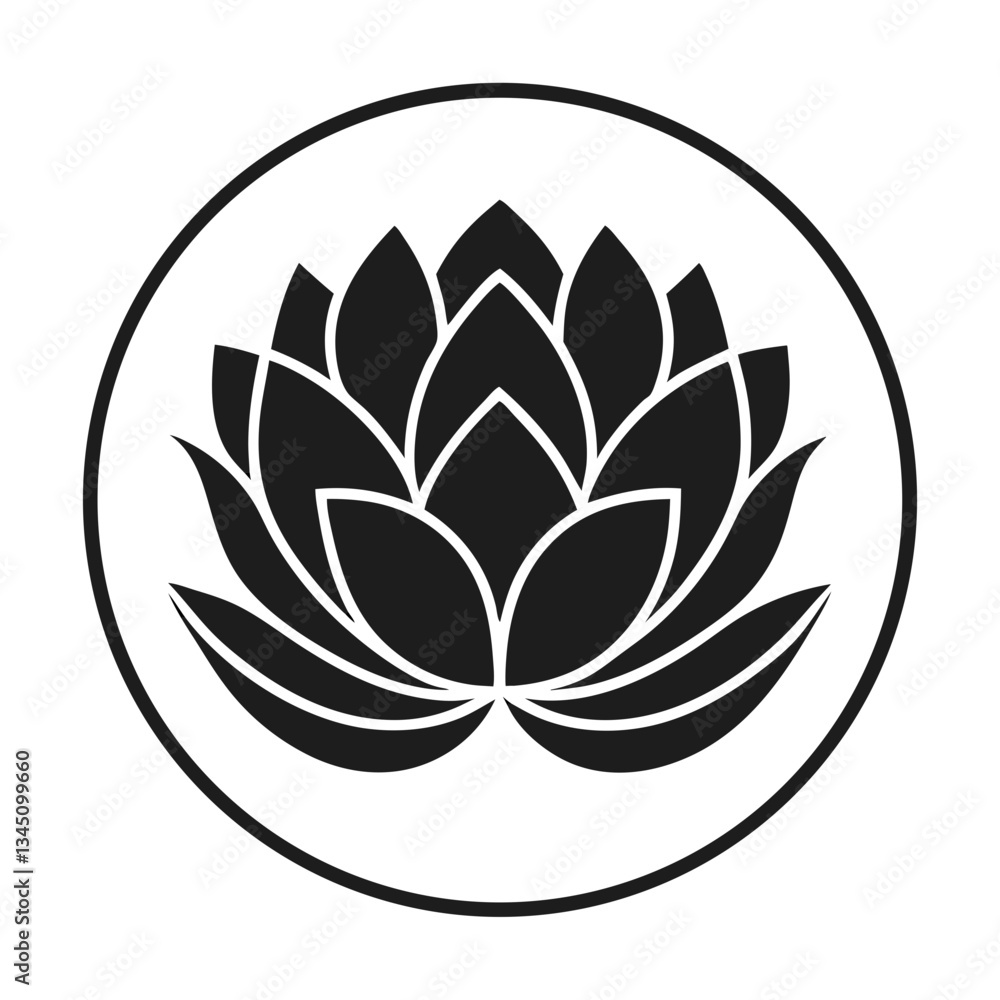 Fototapeta premium a black and white elegant lotus flower emblem, set within a circular frame, vector illustration