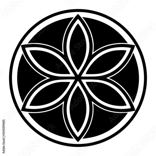 A symmetrical black flower with six petals within a circular design, vector illustration