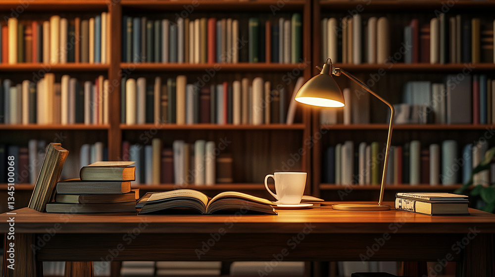 Cozy study space with a warm lamp illuminating an open book on a wooden desk surrounded by shelves of books Cozy study space with a warm lamp illuminating an open book on a wooden desk surrounded by shelves of books