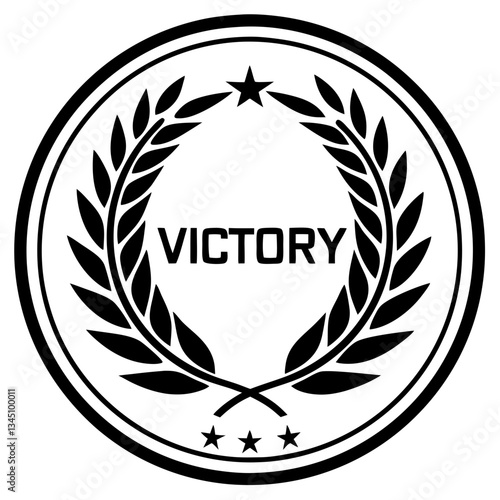 a symbolic circular emblem with the word "Victory" inscribed within a laurel wreath, representing achievement and success. A single star is positioned above, and three stars are below the wreath