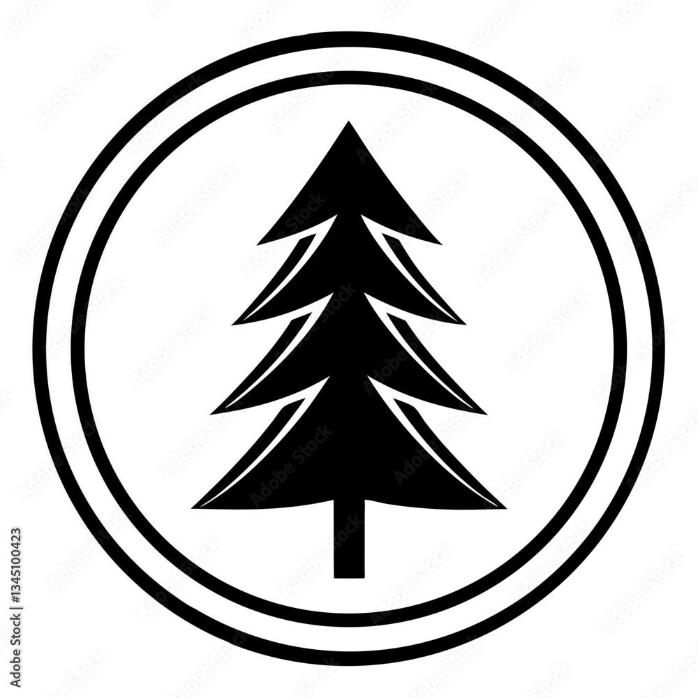 Fototapeta premium a minimalist graphic icon of a stylized evergreen tree encircled with a double circular frame. The tree features a simple, symmetrical design vector illustration
