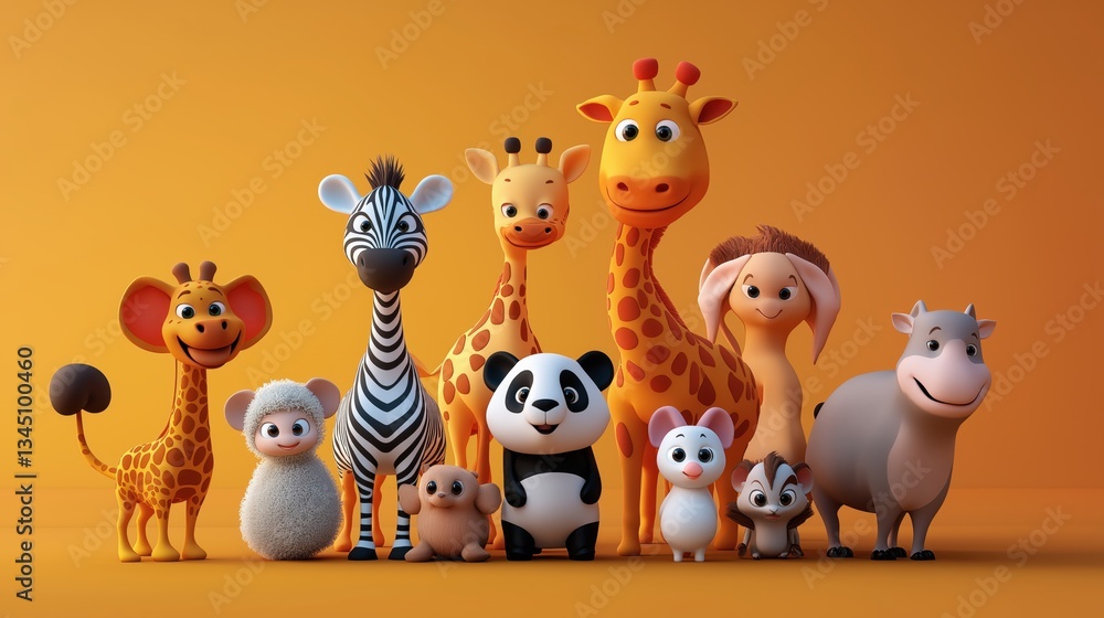 Obraz premium 3d render A cartoon illustration of a diverse group of happy animal characters