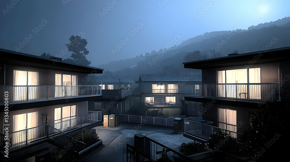Obraz premium Modern Apartments Illuminated At Night With Mountainous Landscape View Under Blue Cloudy Sky
