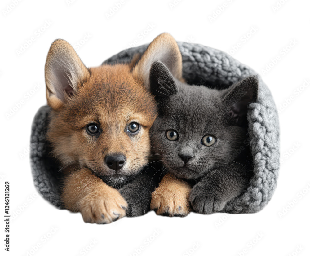 Obraz premium Adorable Baby Fox Cub and Grey Kitten Together in Cozy Knitted Bed as Unlikely Animal Friends Isolated on Transparent and White Background