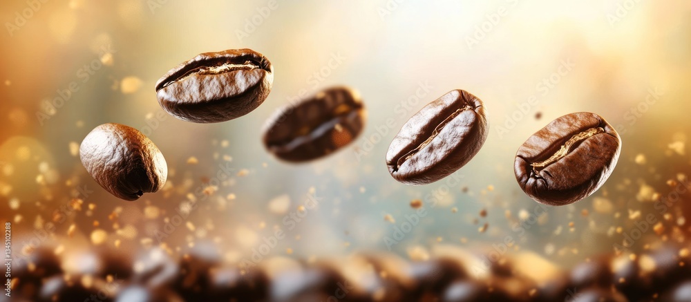 Five roasted coffee beans appear to be floating in the air Five roasted coffee beans appear to be floating in the air