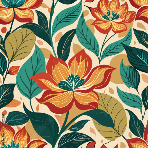 Abstract Botanical Floral Line Seamless Pattern with Delicate Blooms
