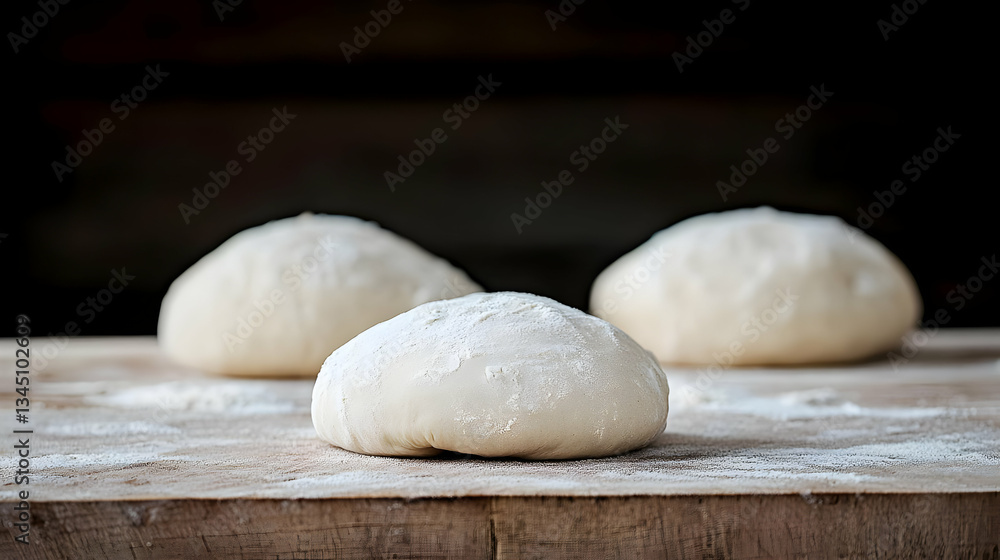 Three Balls Of Dough Sprinkled With Flour On Wooden Surface In Rustic Kitchen Three Balls Of Dough Sprinkled With Flour On Wooden Surface In Rustic Kitchen