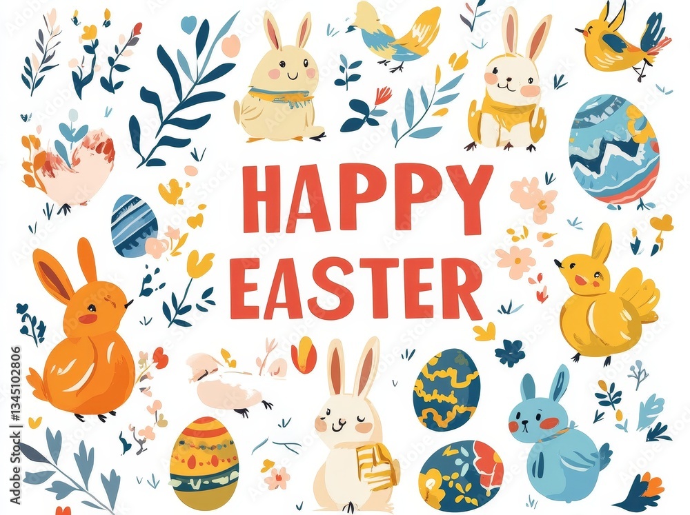 A set of lettering for Happy Easter, featuring Easter bunny ears and eggs, is available as a festive logo with a colorful illustration on a white background A set of lettering for Happy Easter, featuring Easter bunny ears and eggs, is available as a festive logo with a colorful illustration on a white background