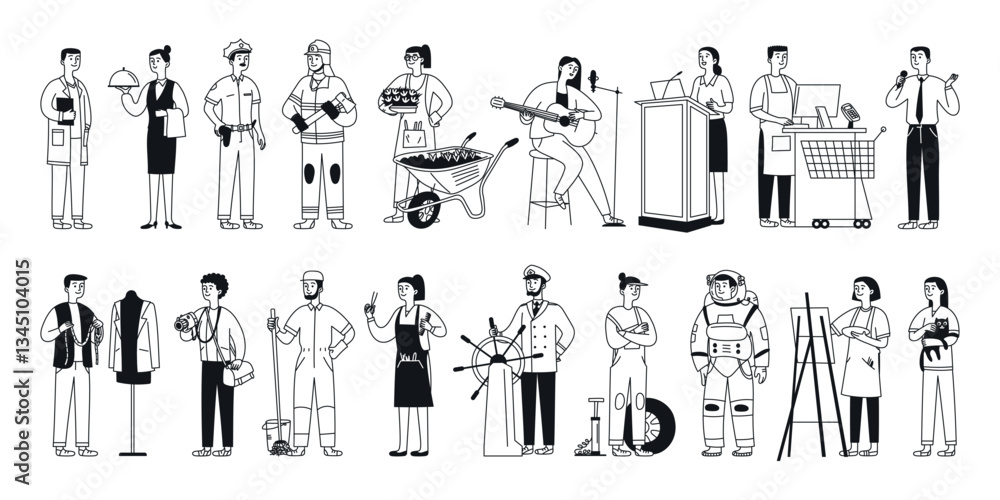 Professions, occupations and jobs set. Teacher, doctor, fireman, policeman and waiter. Various working characters in different uniforms. Doodle vector illustration, isolated Professions, occupations and jobs set. Teacher, doctor, fireman, policeman and waiter. Various working characters in different uniforms. Doodle vector illustration, isolated