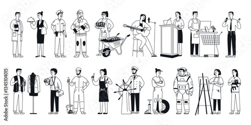 Professions, occupations and jobs set. Teacher, doctor, fireman, policeman and waiter. Various working characters in different uniforms. Doodle vector illustration, isolated