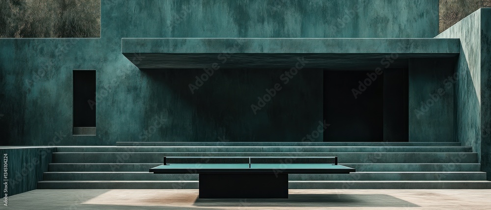 A Ping Pong Table Sits Beneath Architectural Concrete Structure A Ping Pong Table Sits Beneath Architectural Concrete Structure