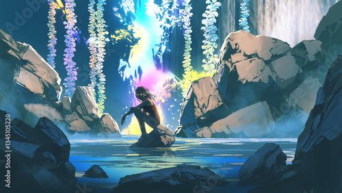 Canvas Print A shadowy woman sits on a rock in a mystical pool surrounded by glowing waterfal