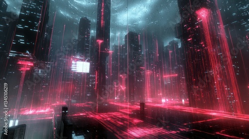 Futuristic city, neon rain, digital cityscape, night scene, possible use for video game background or digital art