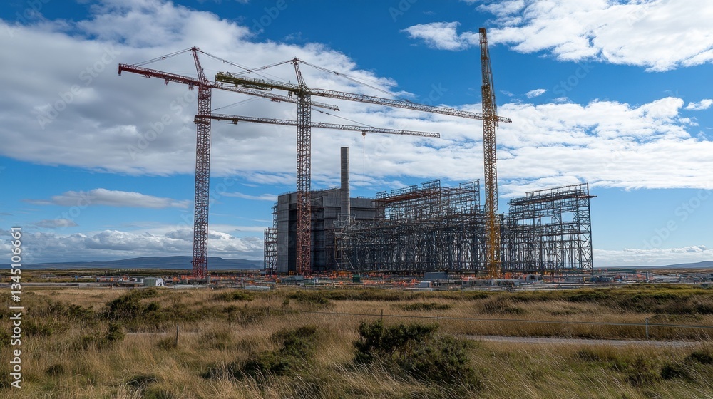 Fototapeta premium Giant steel framework of a new power station being assembled by cranes.