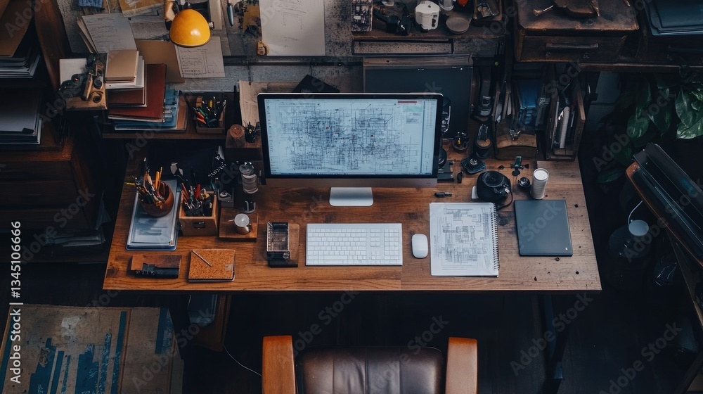 An engineering workspace with multiple architectural blueprints overlapping. An engineering workspace with multiple architectural blueprints overlapping.
