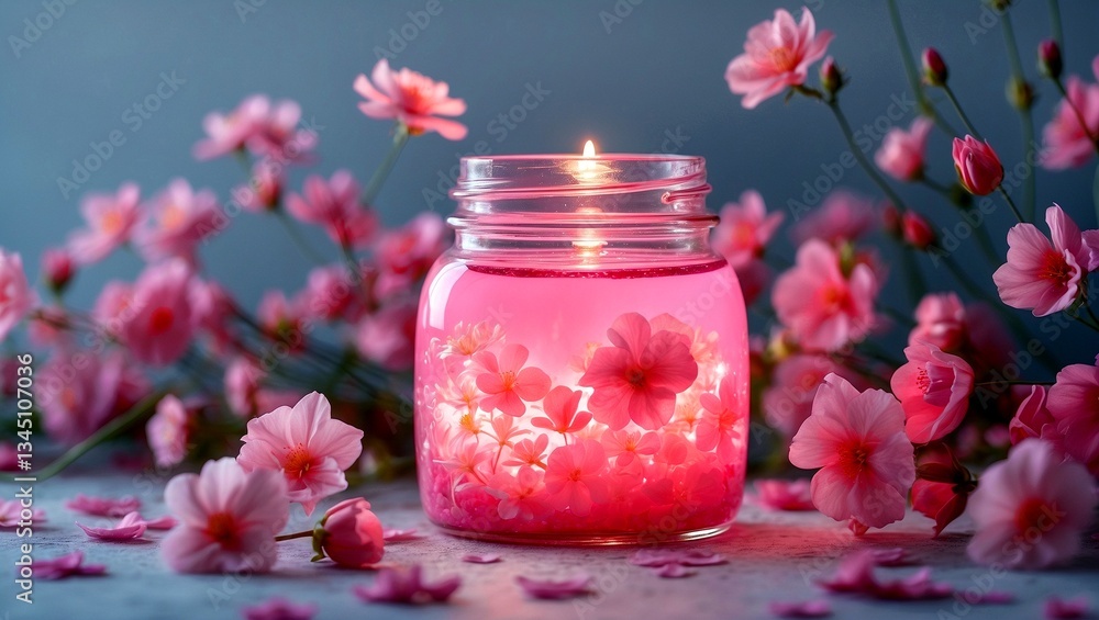 A serene glow of pink liquid and flowers A serene glow of pink liquid and flowers