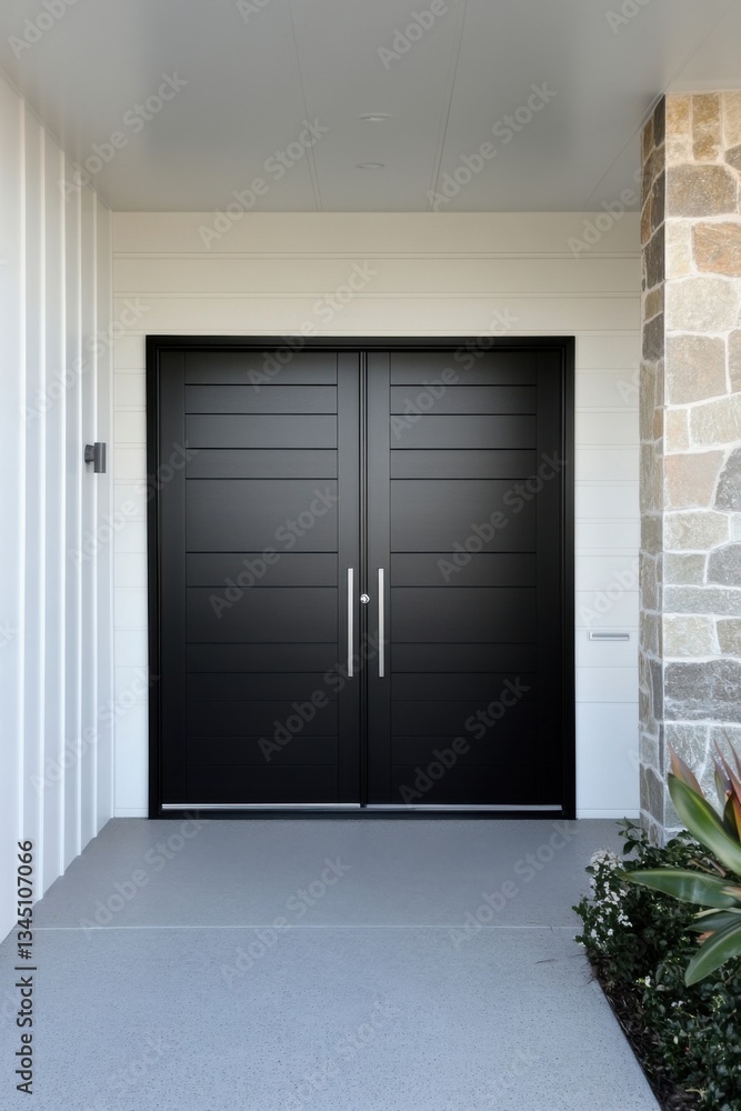 Fototapeta premium Elegant modern double doors lead to a stylish entryway at a contemporary home with sleek design elements and minimalist landscaping