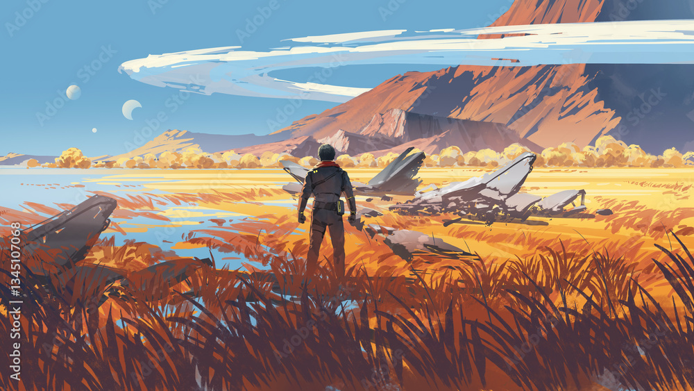 Fototapeta premium A man gazes at the wreckage of a crashed spaceship in a vast golden field with mountains and multiple moons in the sky , digital art style, illustration painting