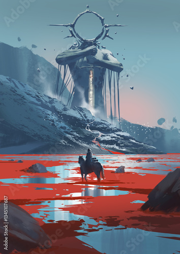 A mysterious horseman crosses a red-tinted frozen landscape toward a towering ancient statue holding a glowing sword in a surreal scene, digital art style, illustration painting