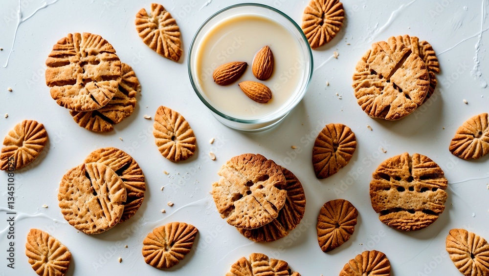 Almond milk and whole grain biscuits on white surface Almond milk and whole grain biscuits on white surface