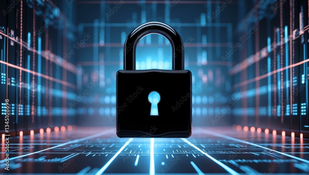 Black security lock in glowing grid symbolizing data privacy Black security lock in glowing grid symbolizing data privacy