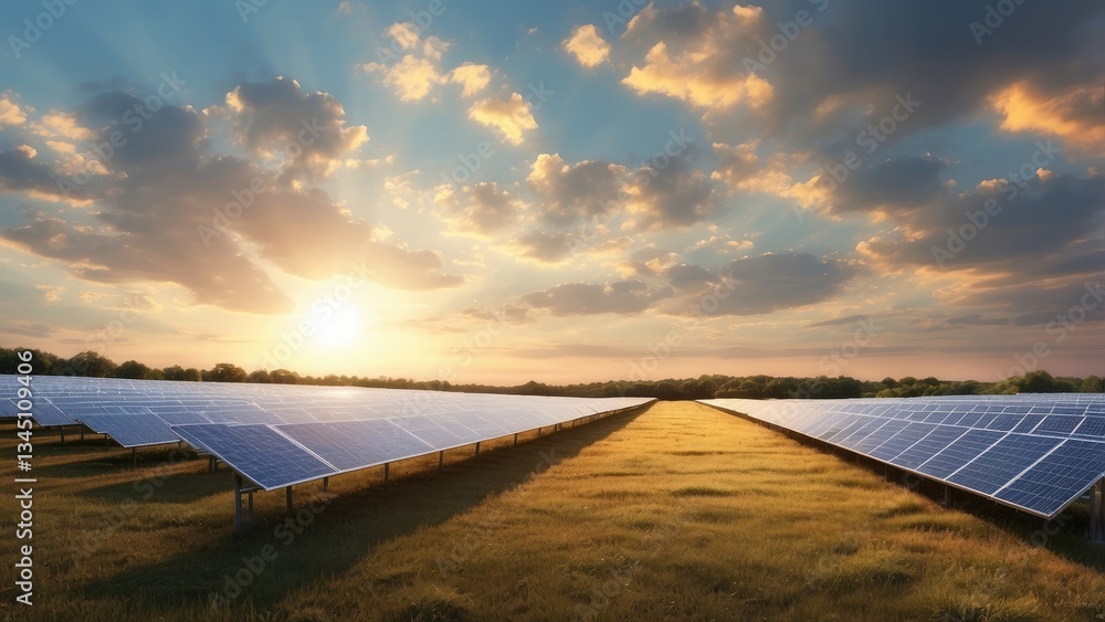 Obraz premium n image of solar panels with the sun in the background and clouds in the sky