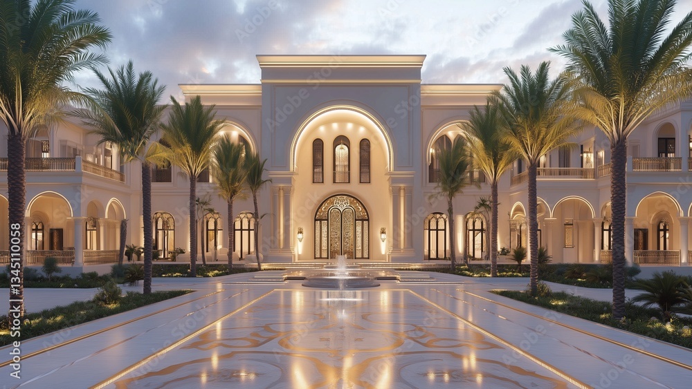 Obraz premium Grand Arabian-style luxury mansion with golden accents and palm trees at dusk