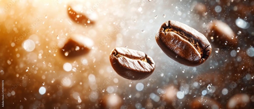 Floating coffee beans with water droplets against a blurred background Floating coffee beans with water droplets against a blurred background