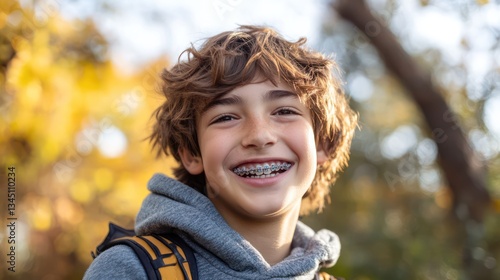 Happy boy smiling outdoors, autumn leaves background