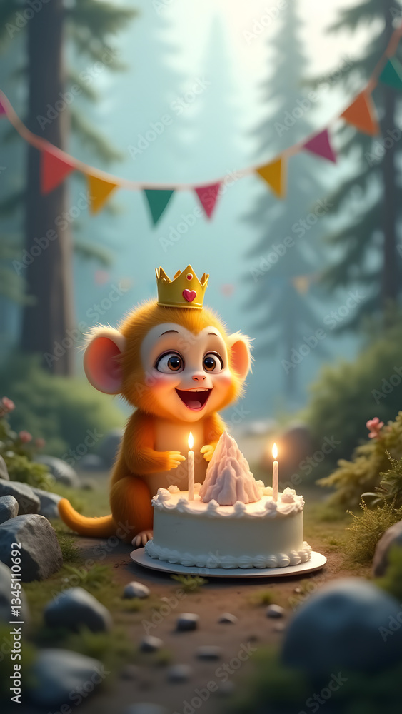 A happy golden snub-nosed monkey in a crown celebrates a birthday with a mountain-themed cake, lit candles, and a misty forest setting full of magic and charm. A happy golden snub-nosed monkey in a crown celebrates a birthday with a mountain-themed cake, lit candles, and a misty forest setting full of magic and charm.