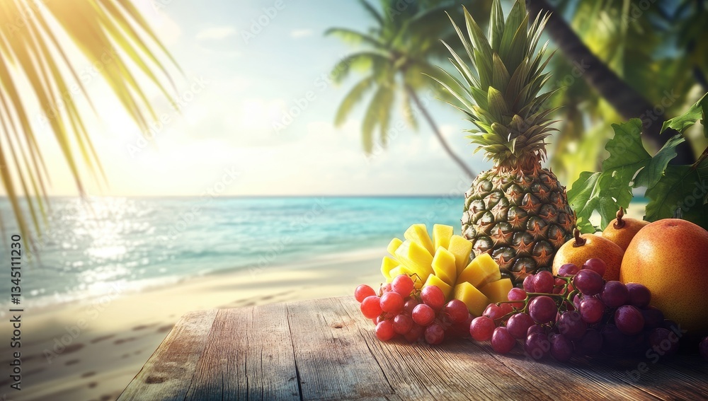Tropical Fruits on Beach Table Tropical Fruits on Beach Table