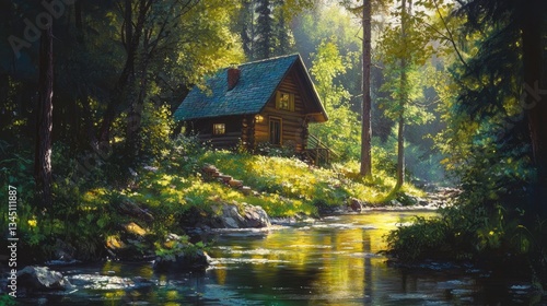 Wallpaper Mural Tranquil Log Cabin by a Serene Stream in a Lush Green Forest with Morning Light Streaming Through Trees Torontodigital.ca