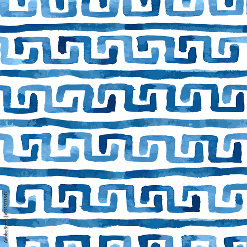 Greek meander wave motif, indigo blue seamless vector pattern