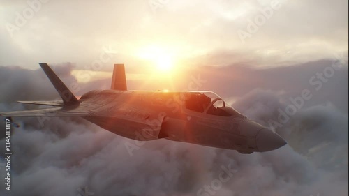 Military fighter jet F-35 flying over clouds. Air force.