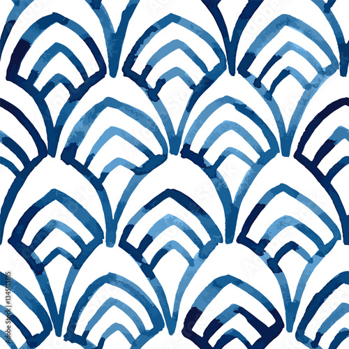 Art Deco style blue watercolour seamless vector pattern with scallops