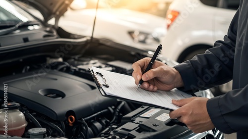 Engine check-up by mechanic, vehicle maintenance concept. Auto repair technician assessing engine performance, filling job checklist on clipboard in a professional car service center