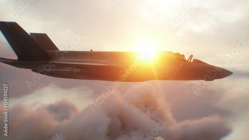 Military fighter jet F-35 flying over clouds. Air force.