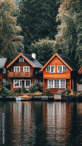 Wooden cabins along a tranquil lake surrounded by lush green trees