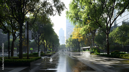 Rainy City Street Scene With Lush Green Trees Creating a Pathway Reflecting Sunlight Through Urban Landscape