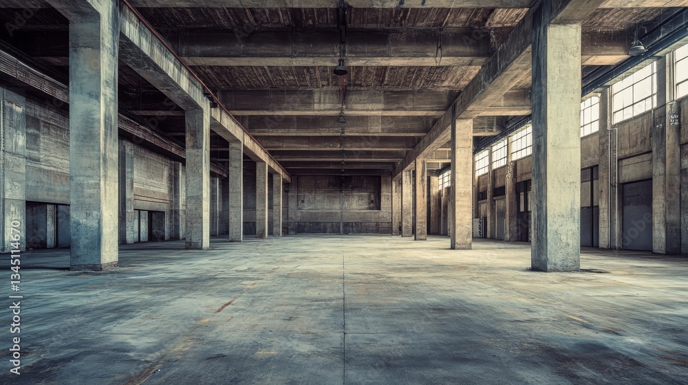 Spacious interior of an unfinished warehouse with visible steel support beams. Spacious interior of an unfinished warehouse with visible steel support beams.