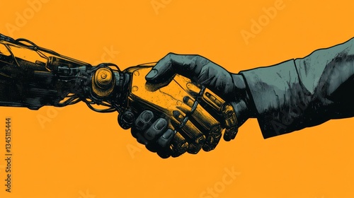 Human and robot handshake, future collaboration, orange background, technology concept