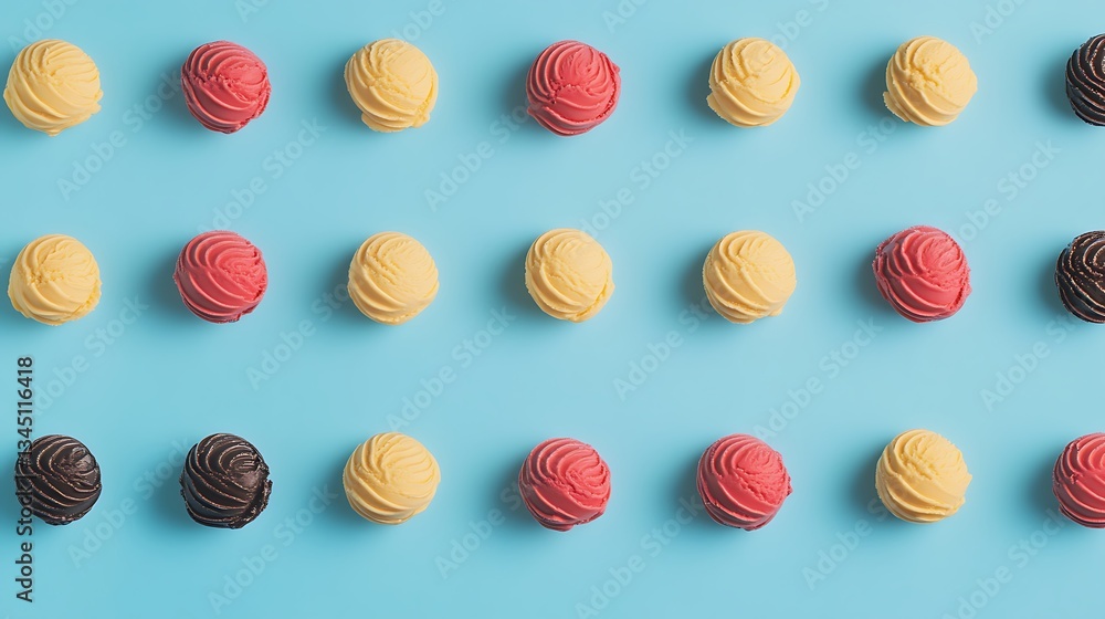 Top view of seamless background of assorted scoops of ice cream arranged in lines on blue table Top view of seamless background of assorted scoops of ice cream arranged in lines on blue table